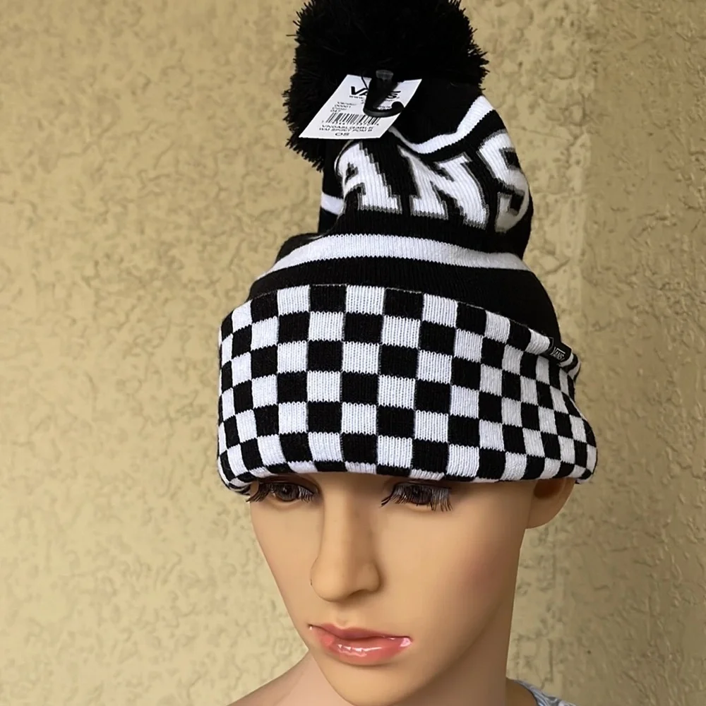 Vans WM Spirit Pom Black Checker Beanie Skateboarding Hat Women Men VN0A5LG3BLK